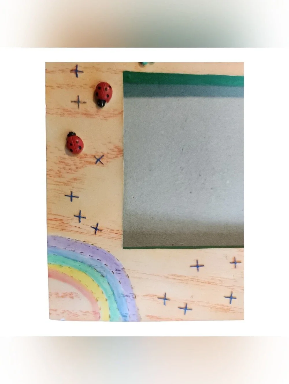 Vintage 90s Russ Picture  Frame Whimsical Rainbow Lady Bugs 2x3.5 Floral Sun